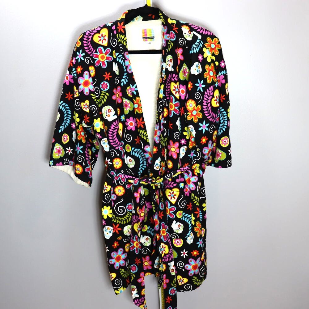Tepper Jackson Bathrobe‎ S/M Black Sugar Skull Floral Kimono Lounge Robe Hooded
